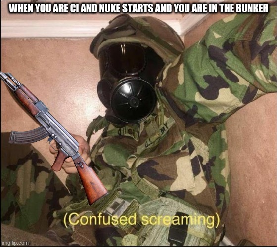 scp | WHEN YOU ARE CI AND NUKE STARTS AND YOU ARE IN THE BUNKER | image tagged in confused screaming but with gas mask | made w/ Imgflip meme maker