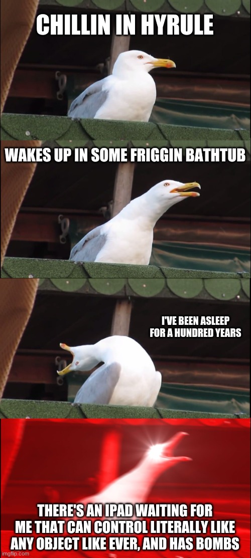 Zelda Breath of the Wild | CHILLIN IN HYRULE; WAKES UP IN SOME FRIGGIN BATHTUB; I'VE BEEN ASLEEP FOR A HUNDRED YEARS; THERE'S AN IPAD WAITING FOR ME THAT CAN CONTROL LITERALLY LIKE ANY OBJECT LIKE EVER, AND HAS BOMBS | image tagged in memes,inhaling seagull,the legend of zelda breath of the wild | made w/ Imgflip meme maker
