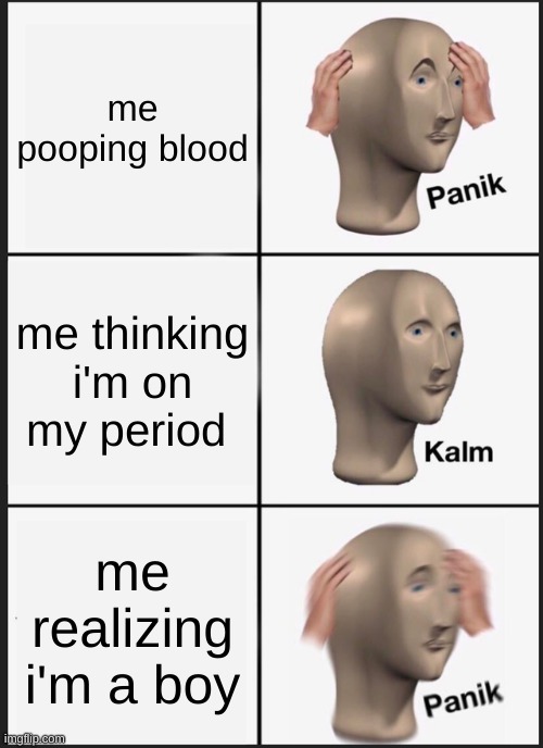 bruh | me pooping blood; me thinking i'm on my period; me realizing i'm a boy | image tagged in memes,panik kalm panik | made w/ Imgflip meme maker