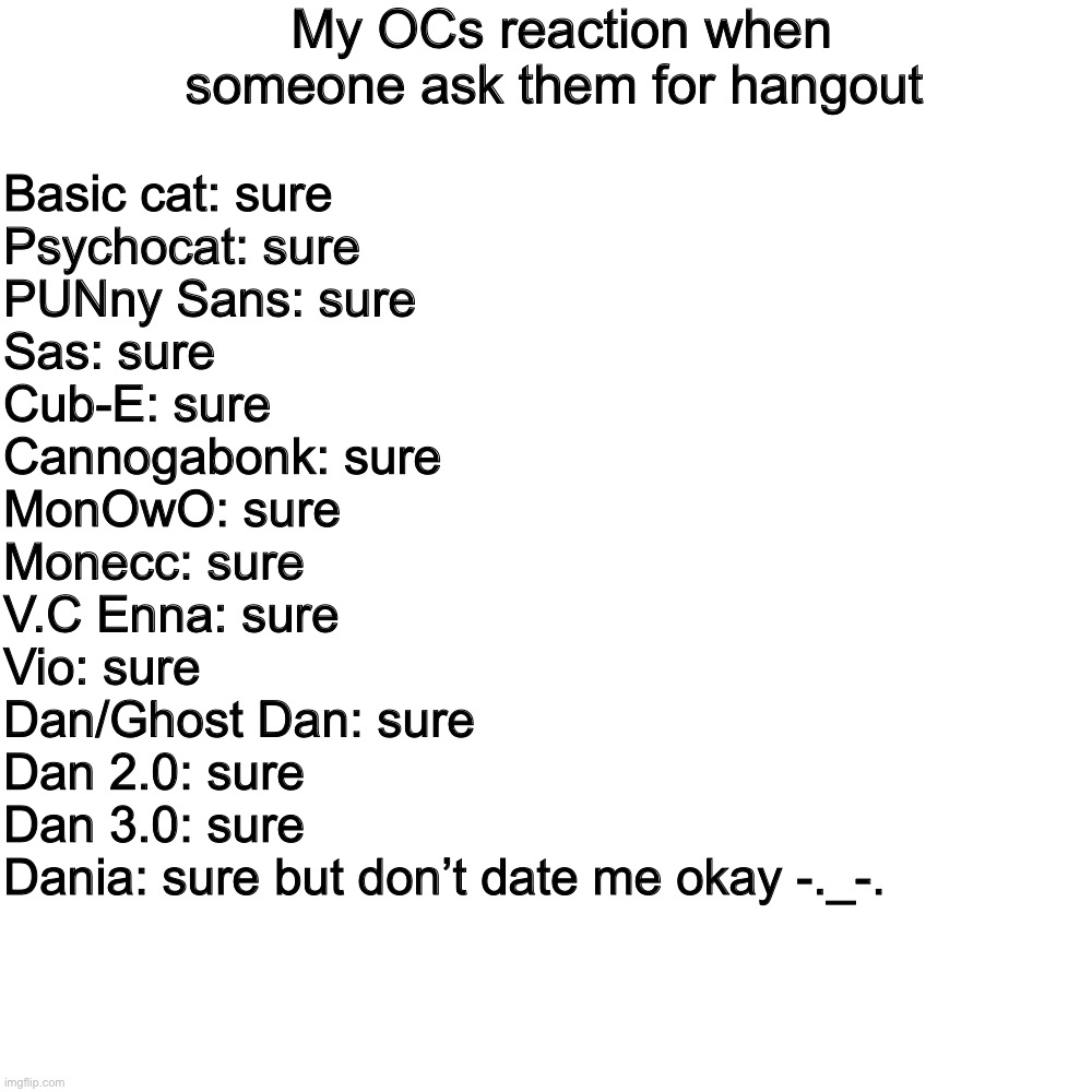 s u r e | My OCs reaction when someone ask them for hangout; Basic cat: sure
Psychocat: sure
PUNny Sans: sure
Sas: sure
Cub-E: sure
Cannogabonk: sure
MonOwO: sure
Monecc: sure
V.C Enna: sure
Vio: sure
Dan/Ghost Dan: sure
Dan 2.0: sure
Dan 3.0: sure
Dania: sure but don’t date me okay -._-. | image tagged in memes,blank transparent square | made w/ Imgflip meme maker