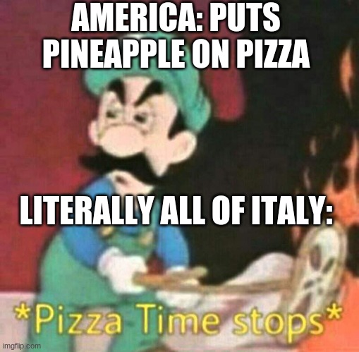 Pizza time stops | AMERICA: PUTS PINEAPPLE ON PIZZA; LITERALLY ALL OF ITALY: | image tagged in pizza time stops | made w/ Imgflip meme maker