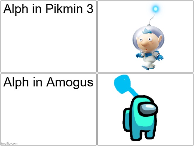 Alph in both Pikmin 3 and Amogus | Alph in Pikmin 3; Alph in Amogus | image tagged in memes,blank comic panel 2x2,pikmin,pikmin 3,amogus | made w/ Imgflip meme maker