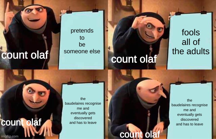 A series of Unfortunate Events | pretends to be someone else; fools all of the adults; count olaf; count olaf; the baudelaires recognise me and eventually gets discovered and has to leave; the baudelaires recognise me and eventually gets discovered and has to leave; count olaf; count olaf | image tagged in memes,gru's plan | made w/ Imgflip meme maker