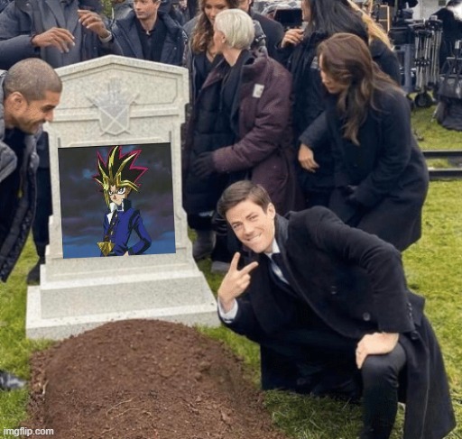 plz save yami yugi from his grave | image tagged in grant gustin over grave | made w/ Imgflip meme maker