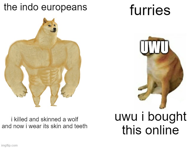 Buff Doge vs. Cheems Meme | the indo europeans furries i killed and skinned a wolf and now i wear its skin and teeth uwu i bought this online UWU | image tagged in memes,buff doge vs cheems | made w/ Imgflip meme maker