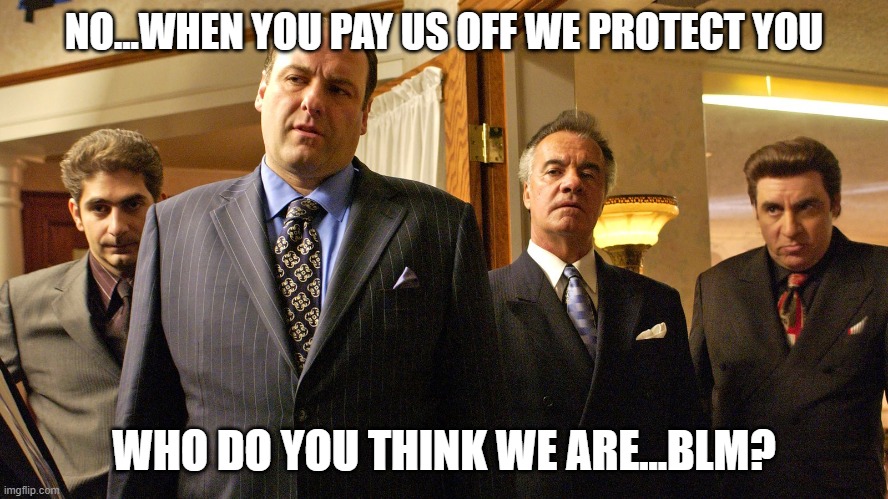 NO...WHEN YOU PAY US OFF WE PROTECT YOU WHO DO YOU THINK WE ARE...BLM? | made w/ Imgflip meme maker