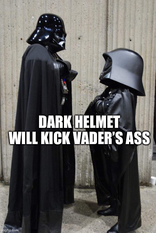 Darth Vader and Dark Helmet | DARK HELMET WILL KICK VADER’S ASS | image tagged in darth vader and dark helmet | made w/ Imgflip meme maker