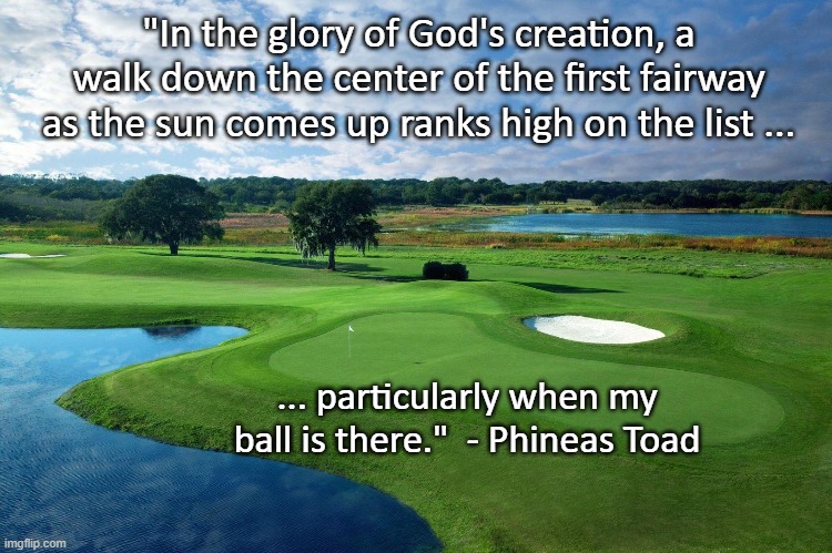 Golf is a gift from God | "In the glory of God's creation, a walk down the center of the first fairway as the sun comes up ranks high on the list ... ... particularly when my ball is there."  - Phineas Toad | image tagged in golf,golfing,golfer | made w/ Imgflip meme maker