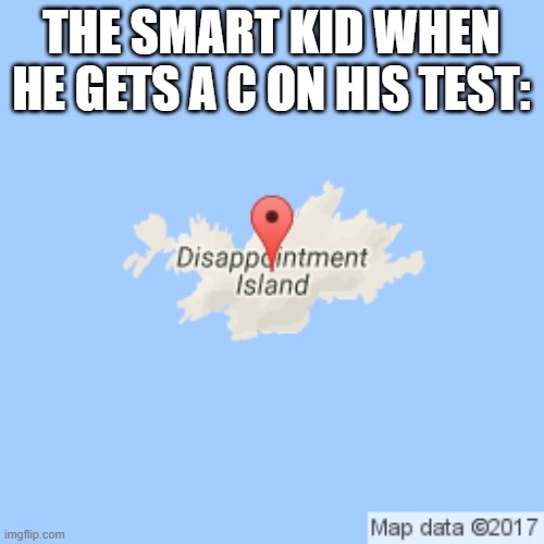 Dissappointment Island | THE SMART KID WHEN HE GETS A C ON HIS TEST: | image tagged in dissappointment island | made w/ Imgflip meme maker