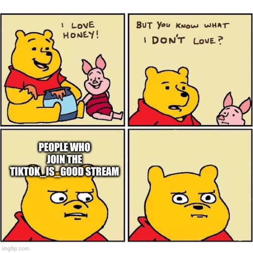 Why does the Tiktok_is_good stream exist? | PEOPLE WHO JOIN THE TIKTOK_IS_GOOD STREAM | image tagged in pooh loves honey | made w/ Imgflip meme maker