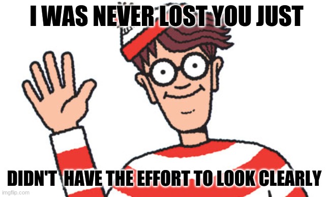 Waldo | I WAS NEVER LOST YOU JUST; DIDN'T  HAVE THE EFFORT TO LOOK CLEARLY | image tagged in waldo | made w/ Imgflip meme maker
