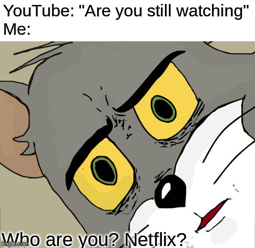 E | YouTube: "Are you still watching"
Me:; Who are you? Netflix? | image tagged in memes,unsettled tom | made w/ Imgflip meme maker