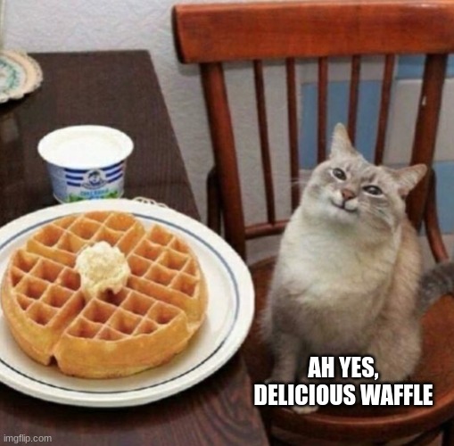 wafflez |  AH YES, DELICIOUS WAFFLE | image tagged in cat likes their waffle | made w/ Imgflip meme maker