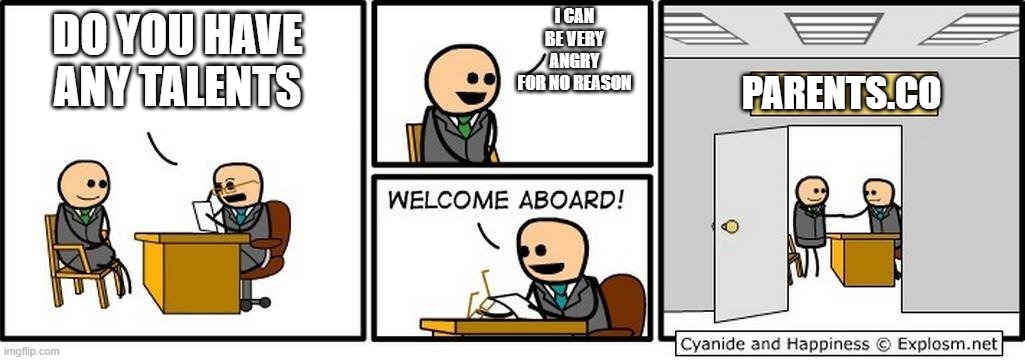 Job Interview | I CAN BE VERY ANGRY FOR NO REASON; DO YOU HAVE ANY TALENTS; PARENTS.CO | image tagged in job interview | made w/ Imgflip meme maker