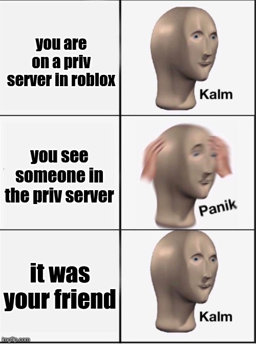 Reverse kalm panik | you are on a priv server in roblox; you see someone in the priv server; it was your friend | image tagged in reverse kalm panik | made w/ Imgflip meme maker