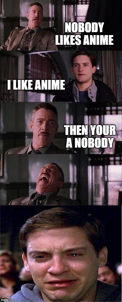 Peter Parker Cry | NOBODY LIKES ANIME; I LIKE ANIME; THEN YOUR A NOBODY | image tagged in memes,peter parker cry | made w/ Imgflip meme maker