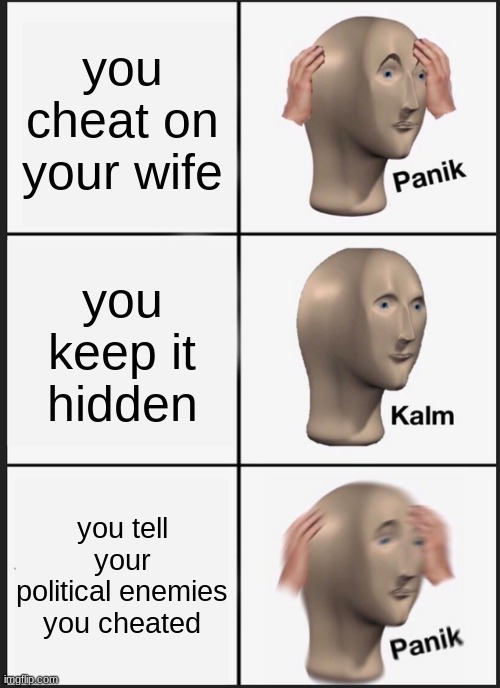 sigh he was stupid | you cheat on your wife; you keep it hidden; you tell your political enemies you cheated | image tagged in memes,panik kalm panik | made w/ Imgflip meme maker