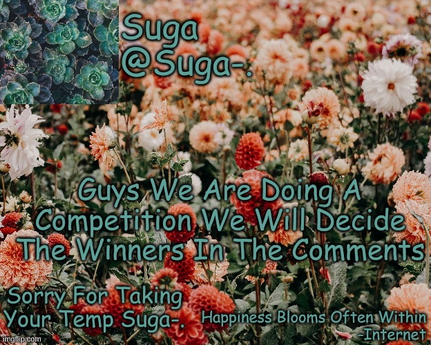Suga-. Floral Temp | Guys We Are Doing A Competition We Will Decide The Winners In The Comments; Sorry For Taking Your Temp Suga-. | image tagged in suga- floral temp | made w/ Imgflip meme maker