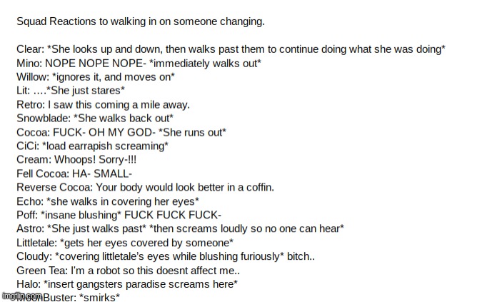 Squad reactions to walking in on someone changing. | made w/ Imgflip meme maker