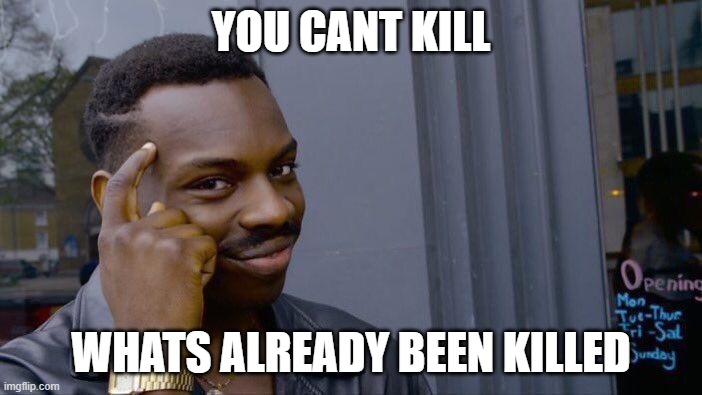 Why didnt i think of that | YOU CANT KILL; WHATS ALREADY BEEN KILLED | image tagged in memes,roll safe think about it,death,funny memes,dank memes | made w/ Imgflip meme maker