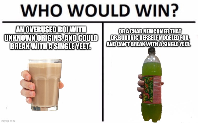 Who Would Win? Meme | AN OVERUSED BOI WITH UNKNOWN ORIGINS, AND COULD BREAK WITH A SINGLE YEET. OR A CHAD NEWCOMER THAT DR.BUBONIC HERSELF MODELED FOR, AND CAN'T BREAK WITH A SINGLE YEET. | image tagged in memes,who would win | made w/ Imgflip meme maker