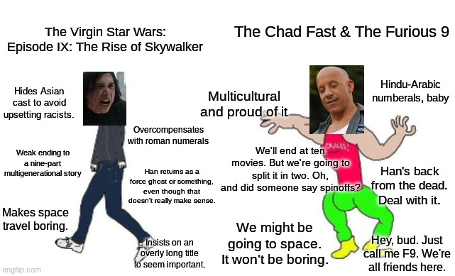 The Virgin Episode IX and the Chad F9 | The Chad Fast & The Furious 9; The Virgin Star Wars: Episode IX: The Rise of Skywalker; Hides Asian cast to avoid upsetting racists. Hindu-Arabic numberals, baby; Multicultural and proud of it; Overcompensates with roman numerals; We'll end at ten movies. But we're going to split it in two. Oh, and did someone say spinoffs? Weak ending to a nine-part multigenerational story; Han's back from the dead. Deal with it. Han returns as a force ghost or something, even though that doesn't really make sense. Makes space travel boring. We might be going to space. It won't be boring. Hey, bud. Just call me F9. We're all friends here. Insists on an overly long title to seem important. | image tagged in virgin vs chad | made w/ Imgflip meme maker