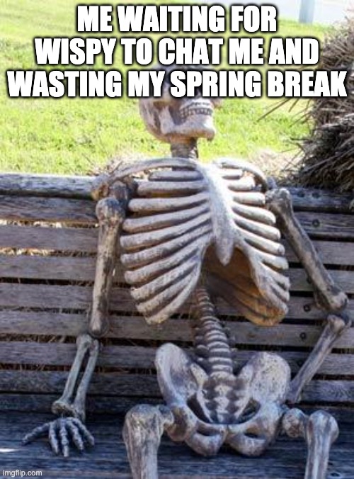 Me waiting on deviantart for Wispy be like: | ME WAITING FOR WISPY TO CHAT ME AND WASTING MY SPRING BREAK | image tagged in memes,waiting skeleton | made w/ Imgflip meme maker