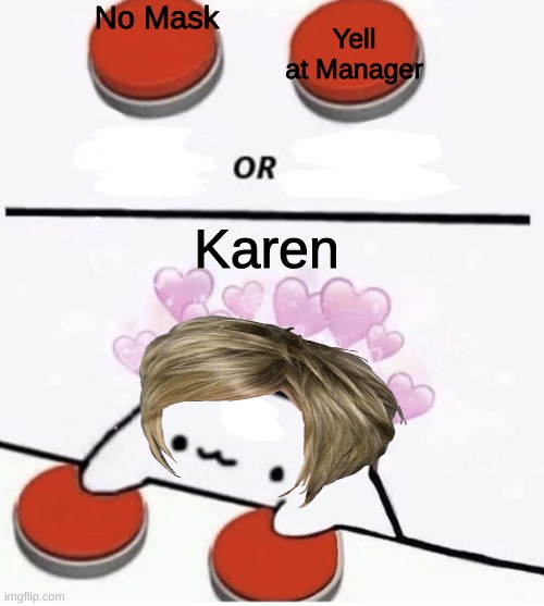 All Karens | No Mask; Yell at Manager; Karen | image tagged in cat pressing two buttons | made w/ Imgflip meme maker