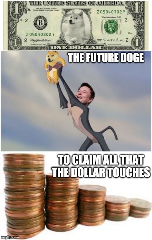 DOGE Future | THE FUTURE DOGE; TO CLAIM ALL THAT THE DOLLAR TOUCHES | image tagged in memes,dogecoin | made w/ Imgflip meme maker