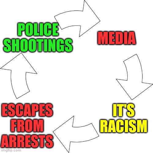 it's a cycle, bc media "racism" | POLICE SHOOTINGS; MEDIA; IT'S RACISM; ESCAPES FROM ARRESTS | image tagged in vicious cycle,cycle,media,shootings,guns,gun control | made w/ Imgflip meme maker