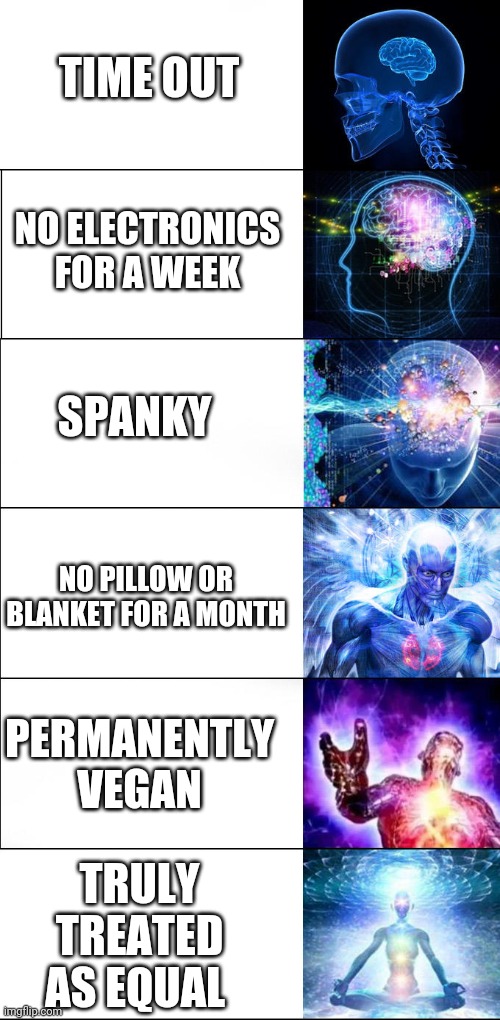 Childhood punishments | TIME OUT; NO ELECTRONICS FOR A WEEK; SPANKY; NO PILLOW OR BLANKET FOR A MONTH; PERMANENTLY VEGAN; TRULY TREATED AS EQUAL | image tagged in expanding brain 6 panel | made w/ Imgflip meme maker