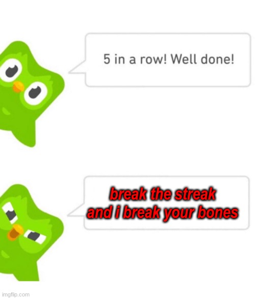 Duolingo 5 in a row | break the streak and i break your bones | image tagged in duolingo 5 in a row | made w/ Imgflip meme maker