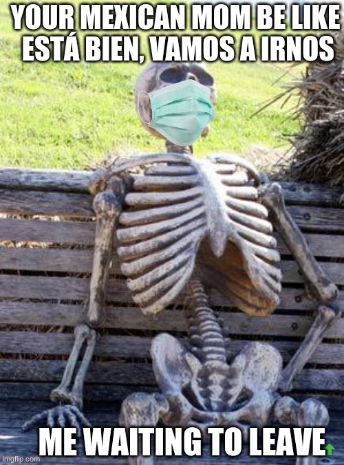 i hid a upvote sign if you find it ill give you chocky milk | YOUR MEXICAN MOM BE LIKE  ESTÁ BIEN, VAMOS A IRNOS; ME WAITING TO LEAVE | image tagged in memes,waiting skeleton | made w/ Imgflip meme maker