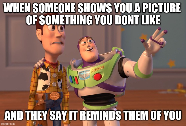 . | WHEN SOMEONE SHOWS YOU A PICTURE 
OF SOMETHING YOU DONT LIKE; AND THEY SAY IT REMINDS THEM OF YOU | image tagged in memes,x x everywhere,toystory everywhere | made w/ Imgflip meme maker