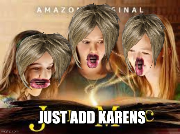 Just add Karens | JUST ADD KARENS | image tagged in funny | made w/ Imgflip meme maker
