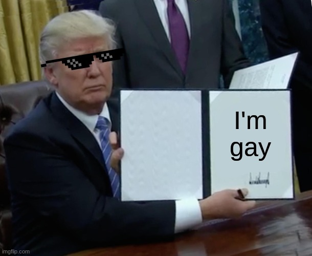Trump Bill Signing Meme | I'm gay | image tagged in memes,trump bill signing | made w/ Imgflip meme maker