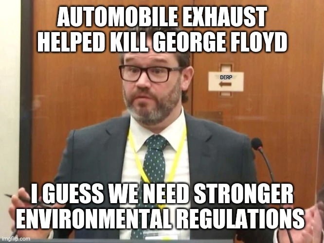 AUTOMOBILE EXHAUST HELPED KILL GEORGE FLOYD; DERP; I GUESS WE NEED STRONGER ENVIRONMENTAL REGULATIONS | made w/ Imgflip meme maker
