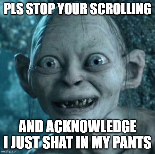 thank you. that is all. |  PLS STOP YOUR SCROLLING; AND ACKNOWLEDGE I JUST SHAT IN MY PANTS | image tagged in memes,gollum,poop,keep scrolling,fun,funny | made w/ Imgflip meme maker