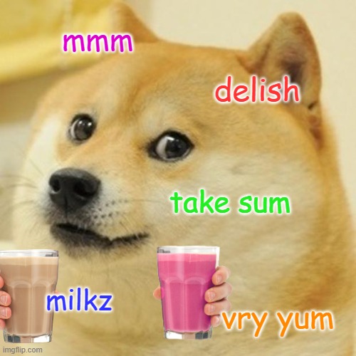 milky doge | mmm; delish; take sum; milkz; vry yum | image tagged in memes,doge,choccy milk,straby milk | made w/ Imgflip meme maker
