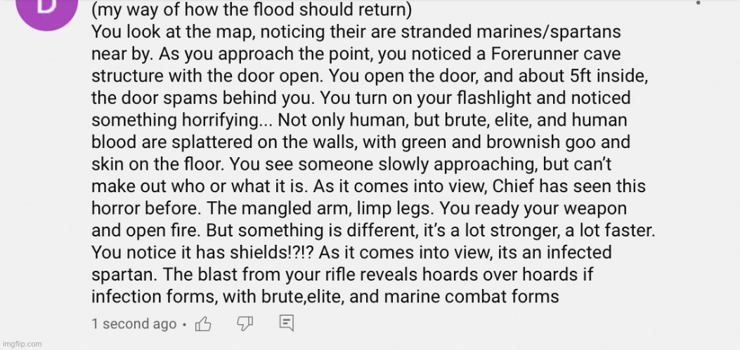 I was watching a hidden xperia video on why the flood should return in infinite, and I commented this | made w/ Imgflip meme maker