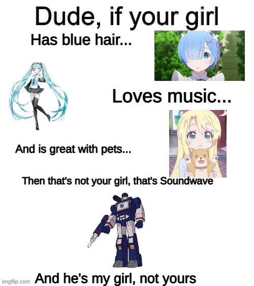true waifu | Has blue hair... Loves music... And is great with pets... Then that's not your girl, that's Soundwave; And he's my girl, not yours | image tagged in dude if your girl | made w/ Imgflip meme maker