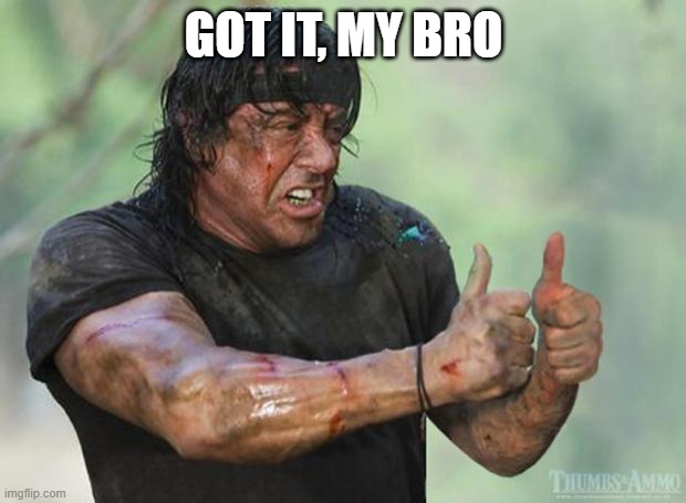Thumbs Up Rambo | GOT IT, MY BRO | image tagged in thumbs up rambo | made w/ Imgflip meme maker