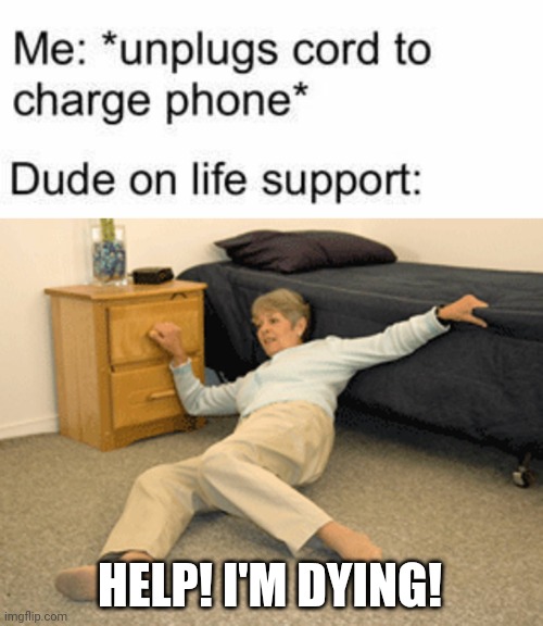 Oof | HELP! I'M DYING! | image tagged in i've fallen,dark humor,funny,death,technology | made w/ Imgflip meme maker
