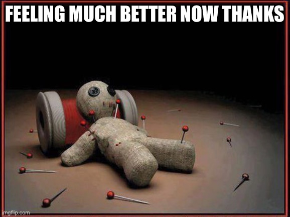 Voodoo Doll | FEELING MUCH BETTER NOW THANKS | image tagged in voodoo doll | made w/ Imgflip meme maker