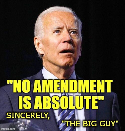 Joe Biden | SINCERELY,
                     "THE BIG GUY" "NO AMENDMENT 
IS ABSOLUTE" | image tagged in joe biden | made w/ Imgflip meme maker