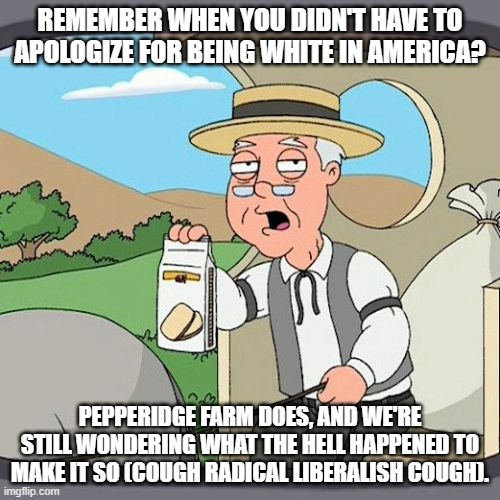 Pepperidge Farm Remembers | REMEMBER WHEN YOU DIDN'T HAVE TO APOLOGIZE FOR BEING WHITE IN AMERICA? PEPPERIDGE FARM DOES, AND WE'RE STILL WONDERING WHAT THE HELL HAPPENED TO MAKE IT SO (COUGH RADICAL LIBERALISH COUGH). | image tagged in memes,pepperidge farm remembers | made w/ Imgflip meme maker