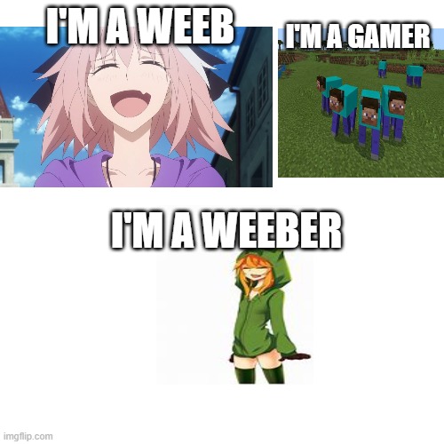 Genius Weeber | I'M A GAMER; I'M A WEEB; I'M A WEEBER | image tagged in meme,weeb,weebs,gaming,anime,minecraft | made w/ Imgflip meme maker