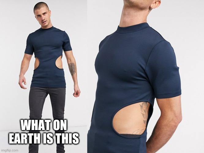 Like...C'mon | WHAT ON EARTH IS THIS | image tagged in weird,ugly,t-shirt,holes | made w/ Imgflip meme maker