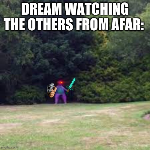 Dream while watching the others from afar: | DREAM WATCHING THE OTHERS FROM AFAR: | image tagged in dream smp,manhunt,georgenotfound,sapnap,badboyhalo,dream | made w/ Imgflip meme maker