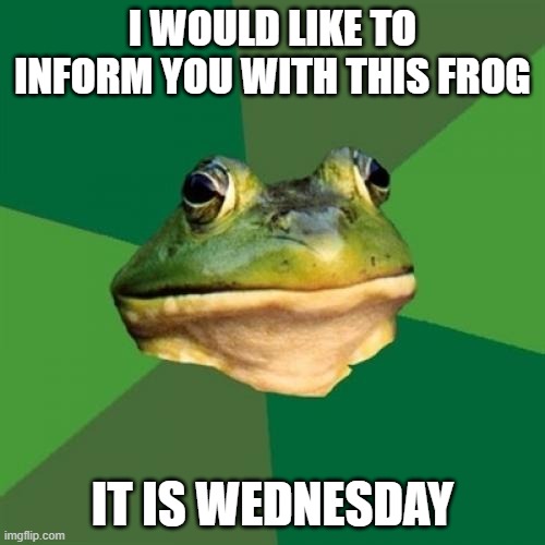 Foul Bachelor Frog Meme |  I WOULD LIKE TO INFORM YOU WITH THIS FROG; IT IS WEDNESDAY | image tagged in memes,foul bachelor frog | made w/ Imgflip meme maker